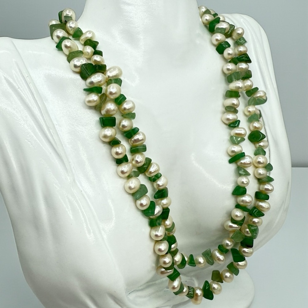 Genuine Jade & Freshwater Pearl Double Strand Necklace 18”–19” Silver Toggle EUC